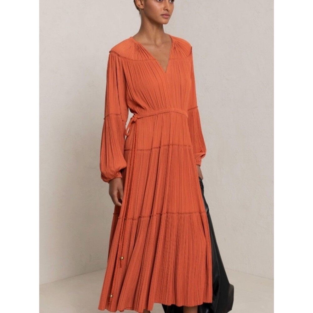 A.L.C Jenna Pleated Midi Dress Burnt Orange Tiered Tassel Tie Boho Aprox Size L